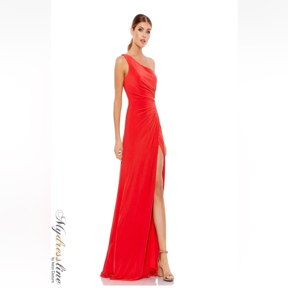 Mac Duggal side slit one shoulder gown